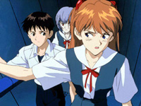 Shinji, Rei e Asuka si dirigono alla base di lancio degli EVA