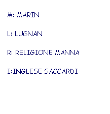 Casella di testo: CLASSE QUINTA
M: MARIN
L: LUGNAN
R: RELIGIONE MANNA
I:INGLESE SACCARDI 
 
