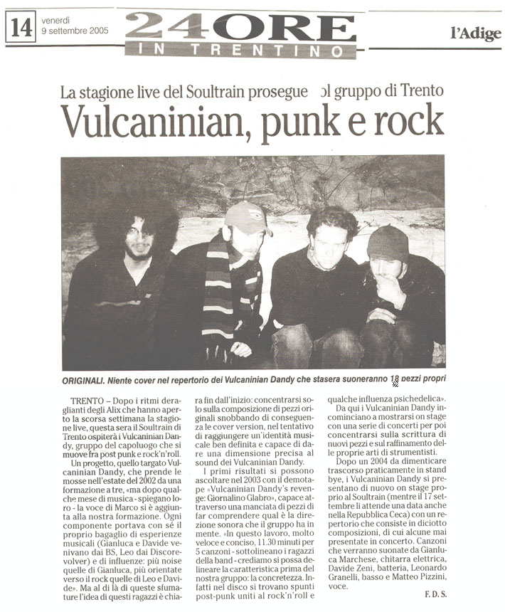 I Vulcanian suonano al Soultrain dal quotidiano " Adige"