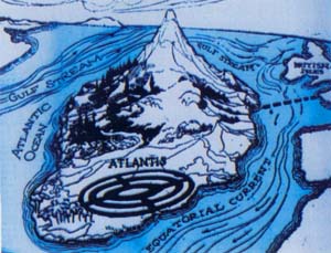 ricostruzione di Atlantide, sovrastata da una montagna a nord