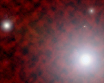 The cosmic 'dark ages' ended when clouds of hydrogen, glowing red in this artist's conception, came together to form the first stars.