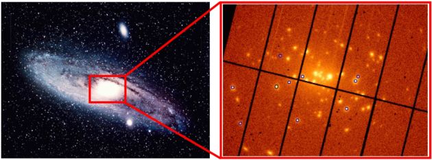 The Andromeda galaxy and, at right, a close-up of the central region revealing 10 new black hole candidates.