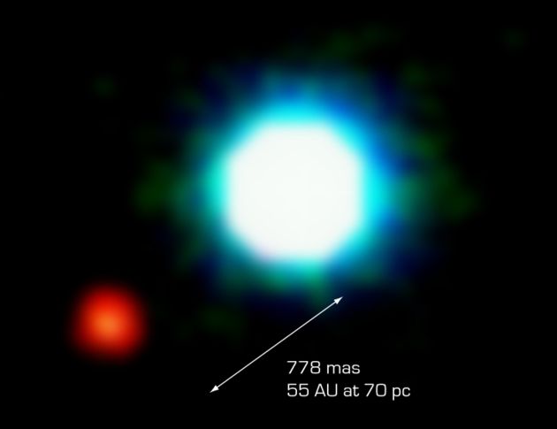 The red object appears to be a planet orbiting the brighter (but still relatively dim) brown dwarf star, seen here as blue-white.