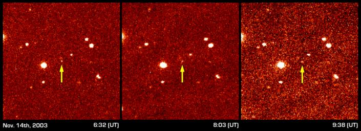 These three panels show the first detection of the faint distant object dubbed Sedna. Imaged on November 14th from 6:32 to 9:38 Universal Time, Sedna was identified by the slight shift in position noted in these three pictures taken at different times. Credit: NASA/Caltech