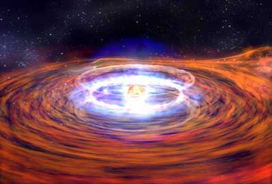 An artist's concept shows the rare explosion on a neutron star, which is the dead core of a massive star.