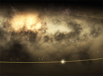 An artist's concept provides a view of the observed group of stars orbiting the Milky Way together with the Sun, as seen by an imaginary observer outside the Galaxy. The orbit of the Sun is shown. For clarity, the stars surrounding the local volume have been removed here.