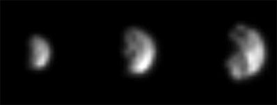 The small, mysterious moon Phoebe. Left to right, the three views were captured between June 4 and June 7, from distances ranging from 2.6 million miles to 1.5 million miles