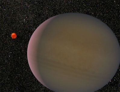 An artist's rendering of the planet, believed to be one-and-a- half times larger than Jupiter, orbiting a red dwarf, its parent star.