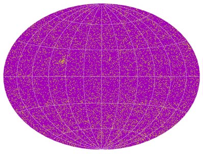 This image shows the distribution on the sky of the approx. 14,000 observed stars. The region on the left that is denser than its surroundings is the nearby Hyades star cluster.