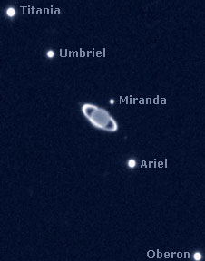 This near-infrared image shows Uranus, its rings, and its five largest moons. The rings are much more apparent than they would be in a visible light image. This image was created using a telescope at the European Southern Observatory in Chile.