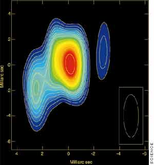 Map of radio emissions from a microquasar, believed to be powered by a black hole swallowing a companion star.