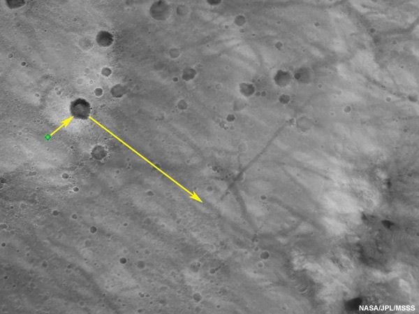 A view of Spirit's landing site taken by the Mars Global Surveyor shows the rover's planned route.