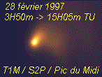Full Nucleus Rotation of Comet Hale-Bopp. Comet Hale-Bopp has now become bright enough to be observable during day-time! The good quality of the sky above Pic du Midi Observatory allowed us to follow the comet during an entire rotation of the nucleus, i.e. about 11.4 hours (see IAU Circ. 6560). This animation was made with CCD images obtained on February 28th between 3H50m and 15H35m UT with a Gunn-z (broad-band, near infra-red) filter. Several images (until 50 images) were centered and co-added in order to create the individual frames presented in this animation. There is about one frame every 10 minutes. We obtained a total of 1100 images during the whole observing run. The first and the last image are quite the same, the only difference is the different signal/noise ratios. In fact the animation 'in loop' allows to see the perpetual evolution of the jet.