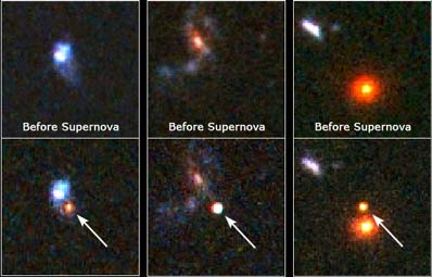 These are images of three of the most distant supernovae known, discovered using the Hubble Space Telescope as a supernova search engine. Credit: NASA and A. Riess (STScI).