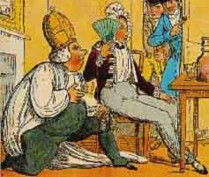 Un ecclesiastico corteggia un uomo. Stampa satirica inglese del 1822