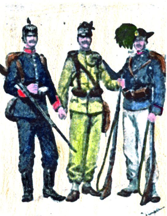 Bersagliere con i soldati della Alleanza (Austria e Germania). Cartolina circolante nel 1914 in Ungheria