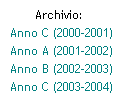 Casella di testo: Archivio:
Anno C (2000-2001)
Anno A (2001-2002)
Anno B (2002-2003)
Anno C (2003-2004)
