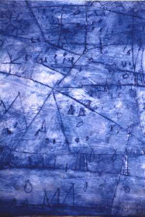 Incontri blu, tecnica mista su carta, cm 60 x 80, 1998