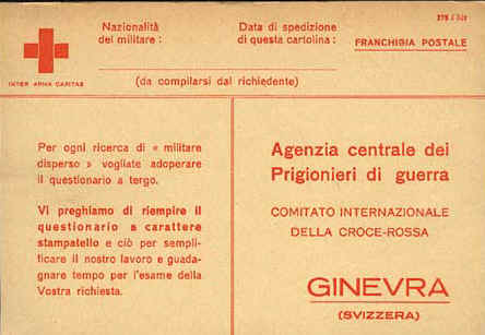 cartolina per la ricerca nell'archivio Croce Rossa di un prigioniero
