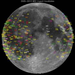 I luoghi candidati a impatti lunari registrati dal Meteoroid Environment Office della NASA fra il 2005 e il 2013