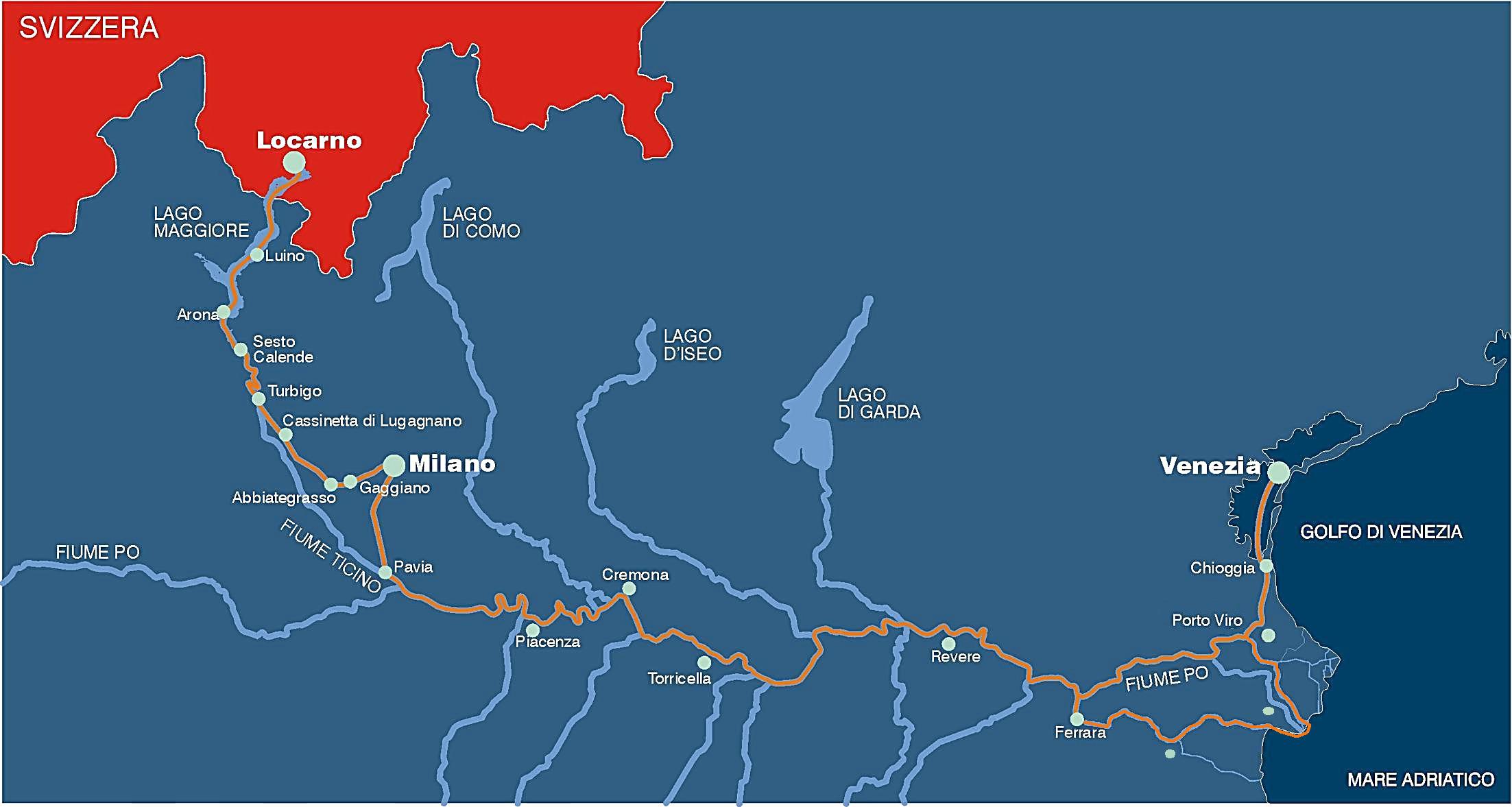 Dettaglio dell'idrovia, che passa da lago Maggiore, Naviglio Grande, Naviglio Pavese, Ticino e fiume PO fino al Delta