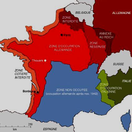 in verde chiaro l'occupazione italiana, in blu la Francia Vichy, in rosso la Francia occupata