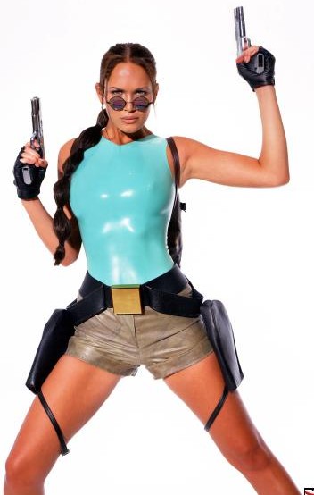 Lucy Clarkson: Lara Croft traditional blue top and shorts. 