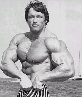 Arnie the body-builder, with lips clamped firmly shut to hide his chaotic teeth