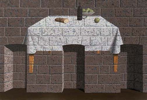 quadro di Magritte L'aimable veritè tavola imbanditadipinta come sospesa su muro di cemento