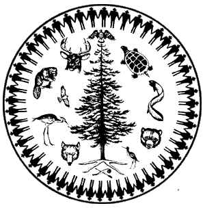 Logo del Consiglio dei Capi della Nazione Mohawk. Simboleggia il ruolo degli uomini come custodi della biodiversit: uomini e animali attorno all'Albero della Pace