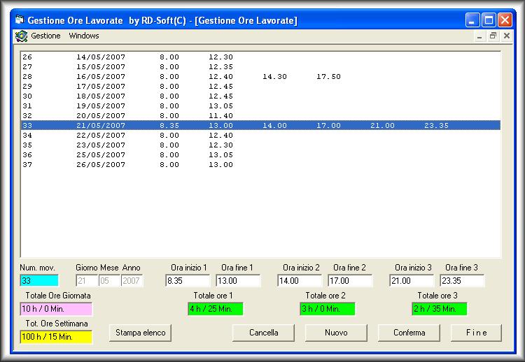 Software GES-ORE Management and calculation Worked Hours by RD-Soft(c)