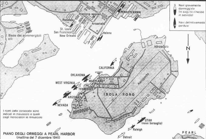 mappa del porto di Pearl Harbor con indicata la posizione delle corazzate