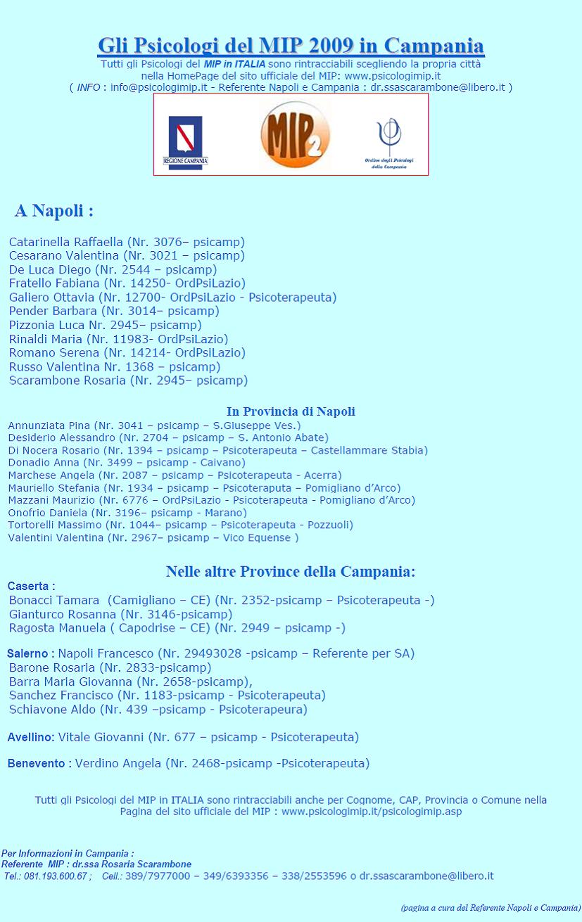Elenco di Tutti gli Psicologi MIP 2009 in Campania