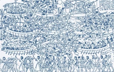 Battaglia dei Popoli del Mare e del Sahara,
1182-1151 a.C. affresco del tempio di Medinet Habu 
dedicato a Ramesse III, foce del Nilo
