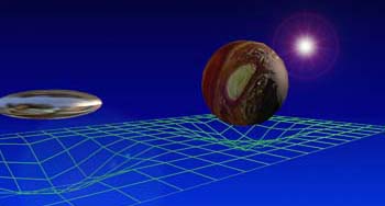 Un disco volante di fronte a Giove: entrambi formano una depressione nel tessuto spazio-tempo, il pianeta naturalmente, l'astronave artificialmente.