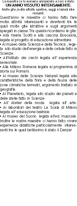 Le maestre ce lo avevano annunciato e così è stato:
UN ANNO VIS