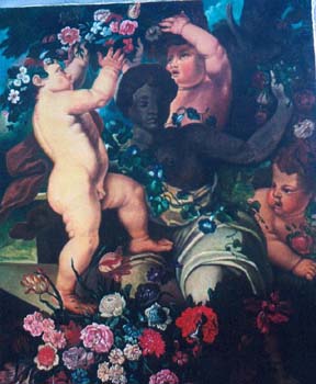 PUTTI INFIORANO UNA ANTICA STATUA DI A BRUEGHEL COPIA OLIO SU TELA CM 60X80