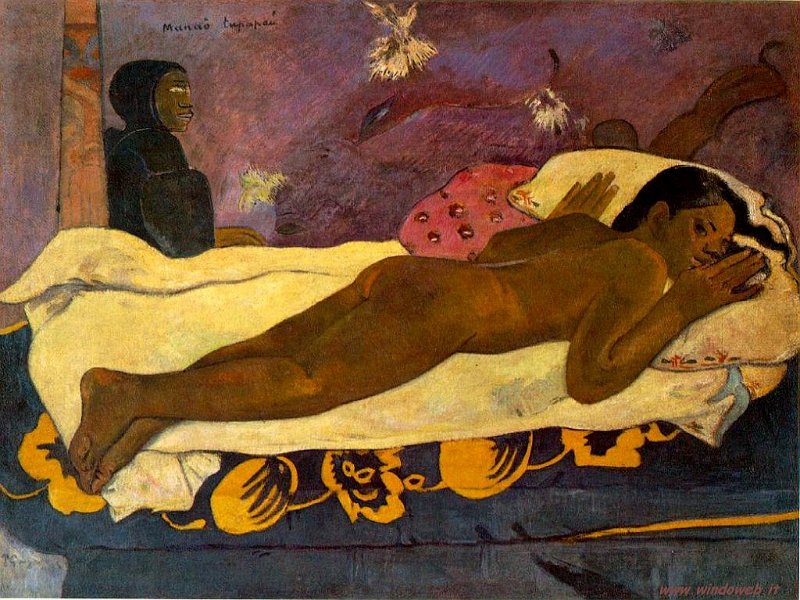 foto_gauguin_dead.jpg - Manao tupapau (The Spirit of the Dead Keeps Watch) è un dipinto ad olio su tela di cm 73 x 92 realizzato nel 1892 dal pittore francese Paul Gauguin. È conservato all'Albright-Knox Art Gallery di Buffalo.La donna raffigurata è Teha'amana, la giovane amante del pittore. Gauguin avrebbe preso ispirazione per il quandro quando, tornando da Papeete in una sera di tempesta, trovò Teha'amana al buio nella capanna, sdraiata supina sul letto e terrorizzata dall'oscurità. Alla memoria visiva, il pittore aggiunge a sinistra nel quadro, incappucciato e con l'aria minacciosa, un Tupapau, una sorta di demone o spettro polinesiano dei morti. Non a caso, poi, il titolo è assai ambiguo: può significare sia "Lei pensa allo spettro", o "Lo spettro pensa a (oppure veglia su di) lei"