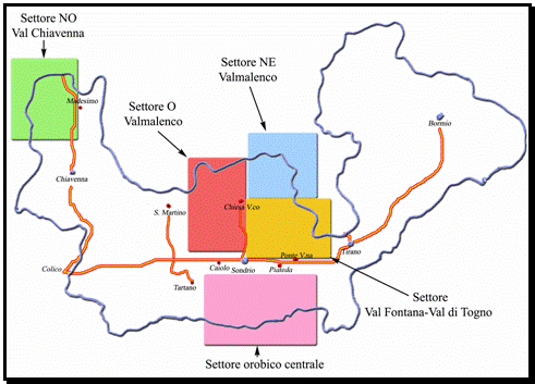 Il colore degli itinerari corrisponde a quello delle zone evidenziate nella cartina 
e ne consente la localizzazione geografica.