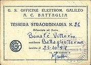 Tessera G.S.O.E. Galileo A.C. Battaglia 1957