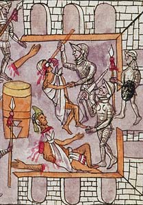 Massacro degli Indios da parte degli spagnoli di Corts - da D.Duran, Historia de los Indios - 1579 - Madrid, Biblioteca Nazionale