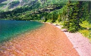 GLACIER NATIONAL PARK
Questo lago si trova nel parco del Glacier National Park (Stato del Montana e Canada) ad una quota di 2500 metri circa.
La foto riporta un dettaglio della spiaggia del lago, che come puoi vedere e' di colore rosso come le pareti delle montagne circostanti. La temperatura dell'acqua e' di 29 ed ideale per una nuotata.
Il luogo si raggiunge dopo una camminata di circa tre ore, mentre un'altra ora e' necessario per fare il giro intorno al lago. 
[Foto e commenti di Valter Airola]