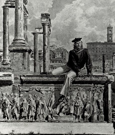 Garibaldi nella classica posa da turista ai fori romani, sullo sfondo il Campidoglio