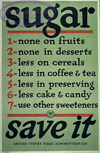 Manifesto della II guerra mondiale sullo stesso stile di risparmio. Meno zucchero