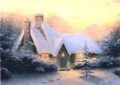 Cottage al tramonto con la neve