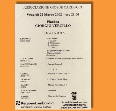 Concerto del 22 marzo 2002 con musiche di Janacek, Scriabine, Mostzkovski, Mosso, Ermirio, Villa Lobos, Ravel presso l'Associazione Giosuè Carducci 