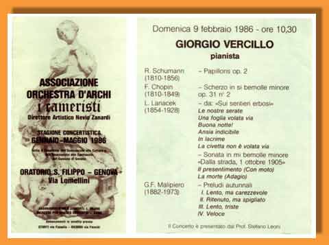 Concerto del 9 febbraio 1986 con musiche di Schumann, Chopin, Lanacek, Malipiero presso l'Oratorio S. Filippo di Genova
