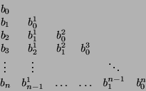 \begin{displaymath}
\begin{array}{cccccc} b_0 \\
b_1 & b_0^1 \\
b_2 & b_1^1 ...
...n & b_{n-1}^1& \ldots &\ldots &b_1^{n-1} &b_0^n \\
\end{array}\end{displaymath}
