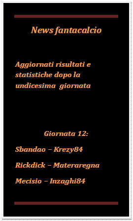 Casella di testo: News fantacalcio

Aggiornati risultati e statistiche dopo la undicesima  giornata 


Giornata 12:
Sbandao  Krezy84
Rickdick  Materaregna
Mecisio  Inzaghi84 
