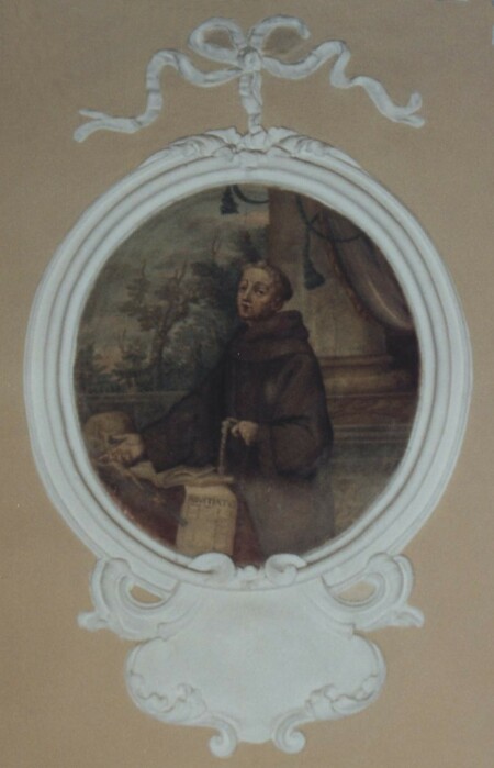 Affresco ovale di Pietro Rubini raffigurante alcuni Santi e personaggi Francescani